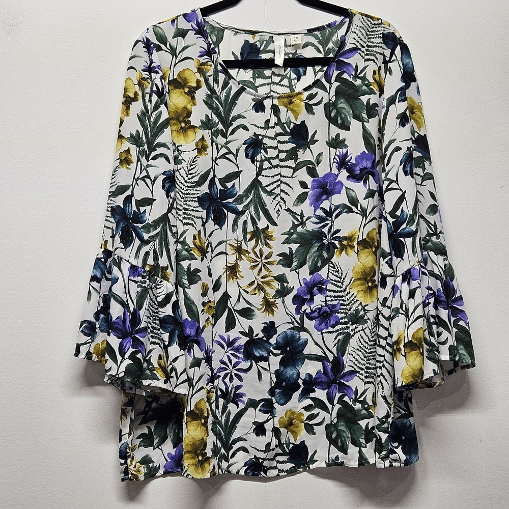 Floral Bell-Sleeve Women's Blouse - White with Purple & Yellow